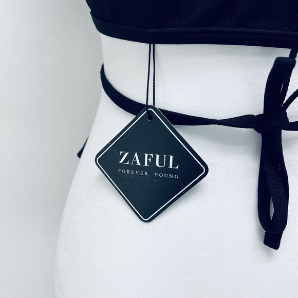 Zaful Bikini Size S Women’s Ruffle Swinsuit High Waist Side Tie Two Pieces Black - Picture 6 of 13